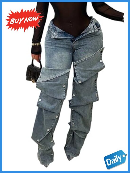 Denim - High Waisted Cargo Jeans Straight Wide Leg Baggy Stretch Denim Pants